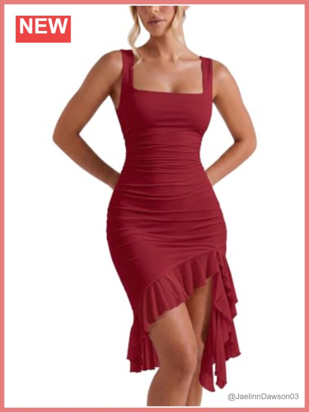 Women's Sexy Bodycon Midi Dress Ruffle Hem Square Neck Party Club Cocktail